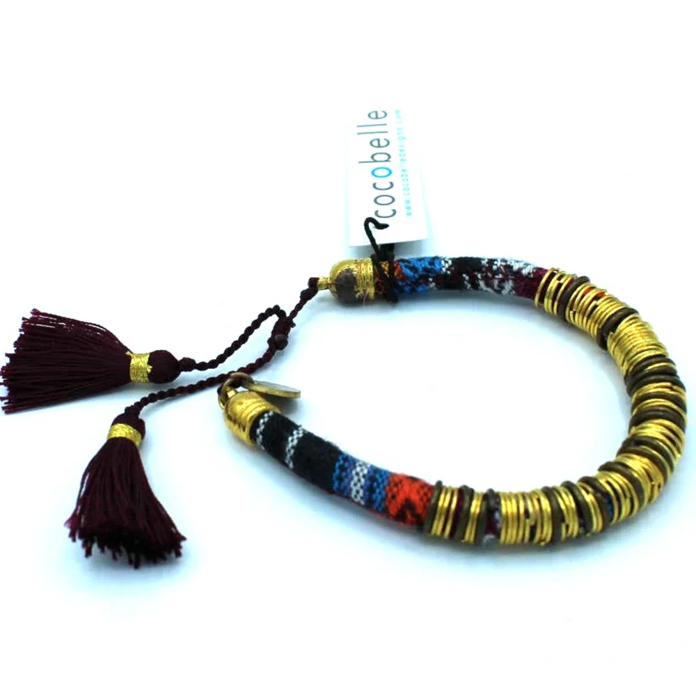 Woven Bracelet, Cocobelle - Zanzibar Multicolor Burgundy Tassel Slide, NEW - Picture 2 of 5